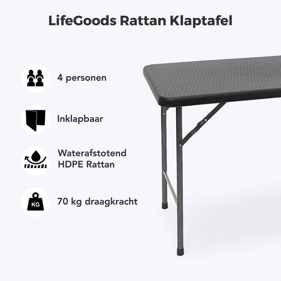 LifeGoods Inklapbare Tafel - 120 cm - Campingtafel - 4 Personen - Vouwtafel - Zwart