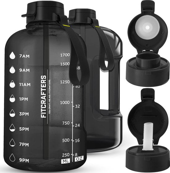 Fitcrafters Waterfles met Tijdmarkeringen - Motiverende Drinkfles - 2L - BPA vrij - Zwart