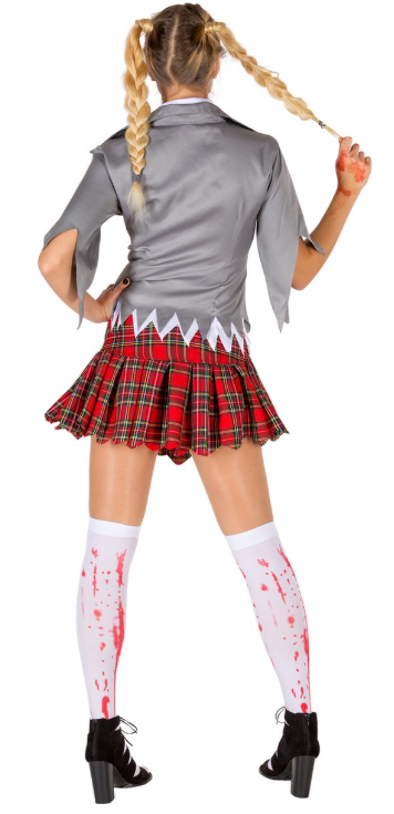 DressForFun – Vrouwenkostuum Sexy Zombie – Maat L – Wit & Rood Polyester – Gekartelde Mini-jurk met Bloedvlekken – Griezelige Look – Halloween & Carnaval Verkleedkleding voor Dames
