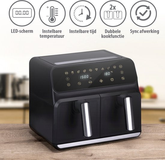 alpina Dubbele Airfryer XL 8L - Heteluchtfriteuse voor 4 tot 8 Personen - Inhoud 2x4L - Digitaal Display - Air Fryer 1700 W - Sync Finish Functie - Zwart