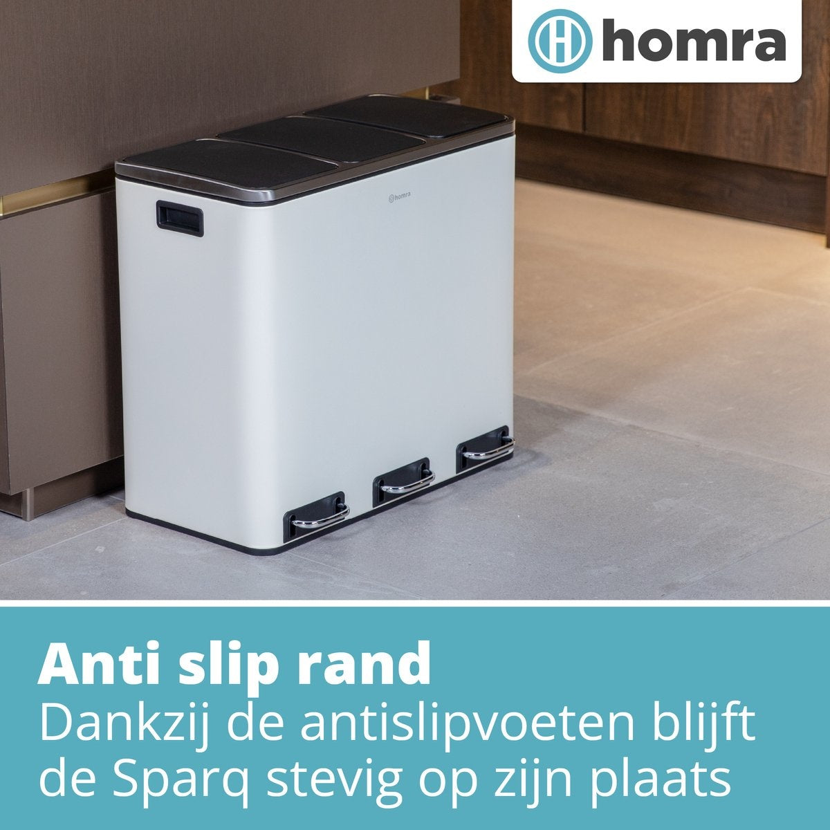 Homra SPARQ Pedaalemmer 3 vakken - 3 x 18 L inhoud - 54 Liter - Crème Wit RVS - Trio Afvalscheiding prullenbak  - 3-vaks Recycle Afvalemmer - Hygiënisch Afval Scheiden - Witte Keuken Vuilbak - Kantoor Prullenbak - Pedaal - Afvalscheidingsprullenbak