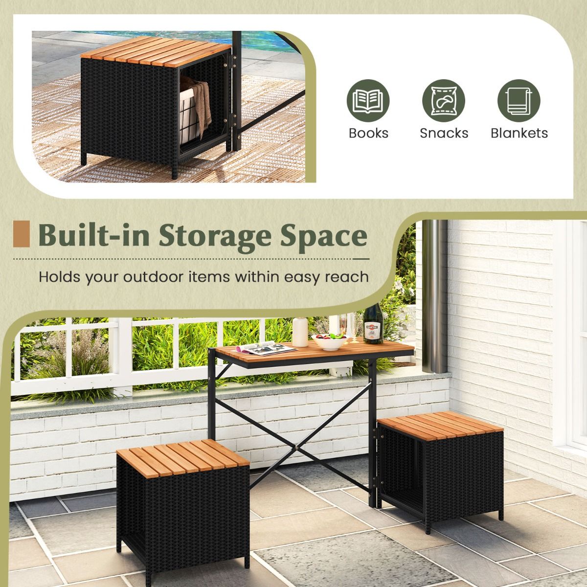 Coast 2-in-1 tuinbank en picknicktafel - omvormbaar balkonmeubel - met opbergruimte - zwart/naturel