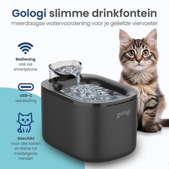 Gologi Drinkfontein Kat en Hond XL – 3,5L – Slimme Waterfontein met app – Kattenfontein – Geruisloos – Zwart
