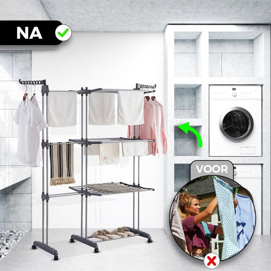 Vonia Droogtoren - Droogrek - Wasrek - Wastoren Dubbel - 3 Lagen - Inklapbaar - 150 x 50 x 171 cm - Grijs