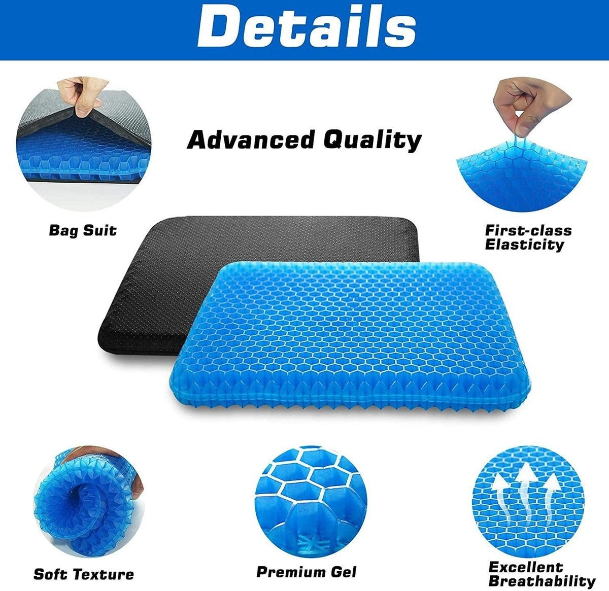 Fuegobird Gelkussen - Ergonomisch kussen - Zitkussen orthopedisch - Dubbellaagse honingraatstructuur - Met Kussenhoes - Blauw