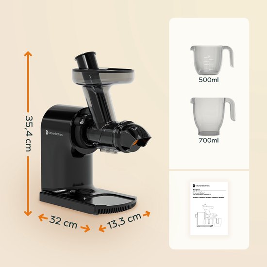 KitchenBrothers Slowjuicer - Compact - Juicer - Groenten en Fruitpers - 45 mm - 500 ml - Zwart