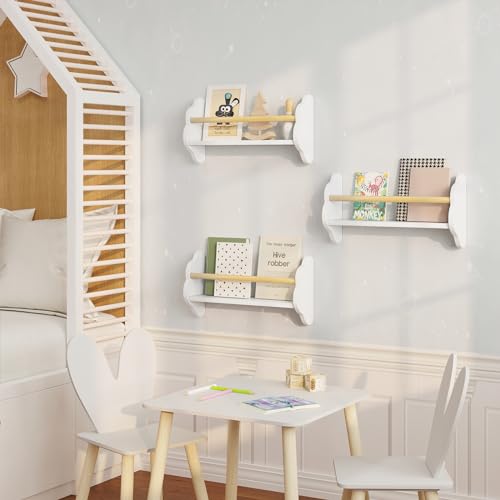 Woltu Kinderboekenkast Wolkvormige Wandplank - MDF en Grenenhout Wit - 3 Planken 45x12,7x23 cm