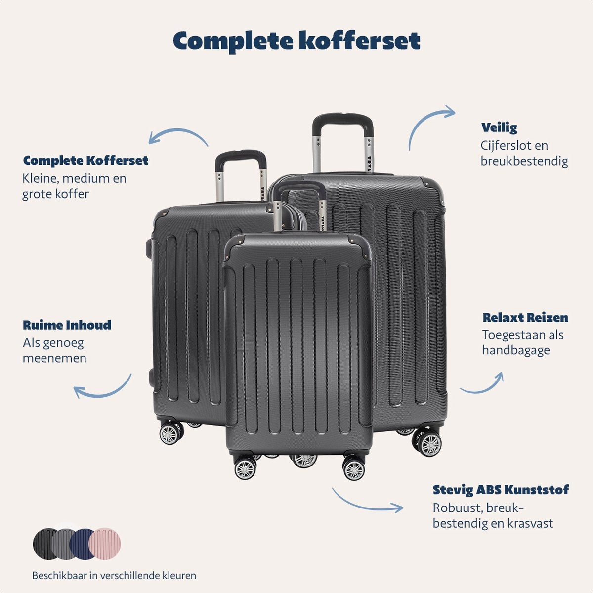 TRVLMORE Kofferset - 3 Delig - Complete Set - 38L Handbagage + 70L en 110L Ruimbagage - Zwart
