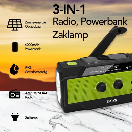 Brixy Noodradio - Radio Met Accu Batterij Voor Noodsituaties - 4000 MAH - Opwindbaar - Solar - Zaklamp - Powerbank - Groen