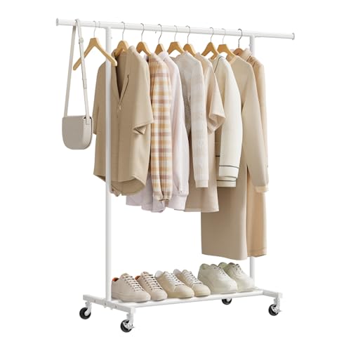 Woltu Kledingrek met Wielen en Opbergrek Wit - Verstelbaar 92,5-132,5 cm - Belastbaar tot 70 kg