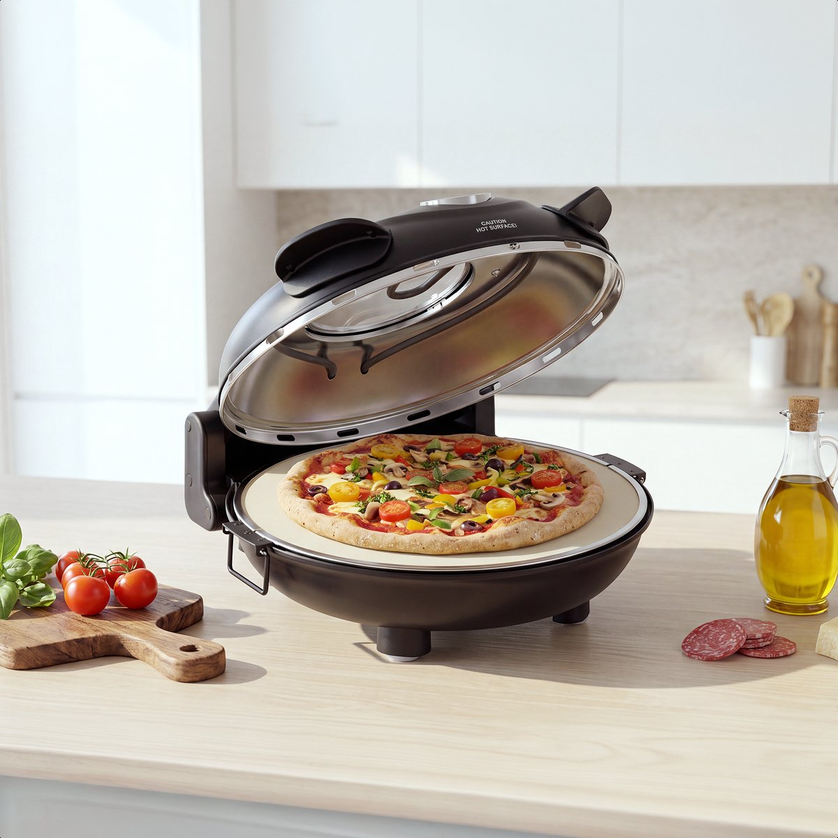 MOA Elektrische Pizzaoven - Tot 400°C - 30,5 cm Pizzasteen - Regelbare Boven- en Onderwarmte - Inclusief 2 Bamboescheppen - Zwart