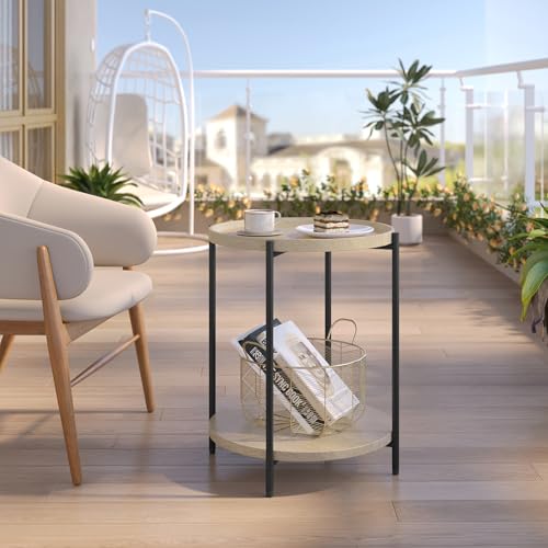 Woltu Ronde Salontafel met 2 Planken - Verwijderbare Bovenplaat - Metaal en Licht Eikenhout - Ø 43 cm