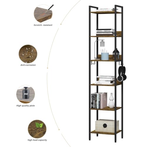 Woltu Industriële Boekenkast 6 Planken met 4 Verwijderbare Haken - Zwart Metaal en Donker Eiken - 40 x 30 x 187 cm