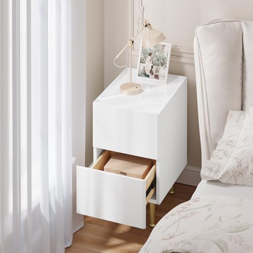 Woltu Nachtkastje met 2 Lades Hoogglans - Hout PVC + Metaal Wit + Goud - 30 x 40 x 51 cm