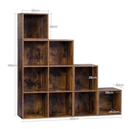 Woltu Boekenkast met 10 Vakken - Roomdivider en Trapplank - Rustiek Bruin - 120 x 120 x 30 cm