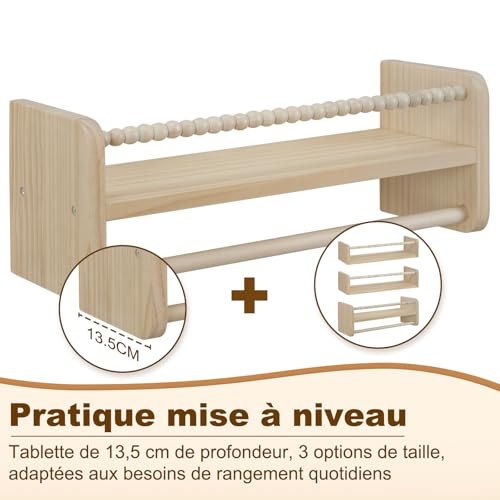 Woltu Kinder Wandplank Set van 3 - Massief Hout - 40 cm - Met Houten Kralen - Veilig en Praktisch