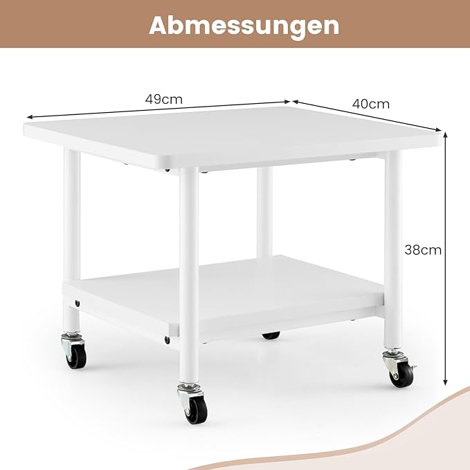 Coast Printertafel met 2 Niveaus en Wielen – 49 x 40 x 38 cm – Wit