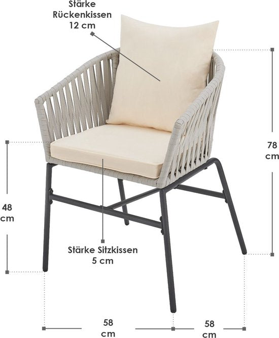 2 Tuinstoelen met touwgaas - Lichtgrijs - Incl. Rug- en zitkussens