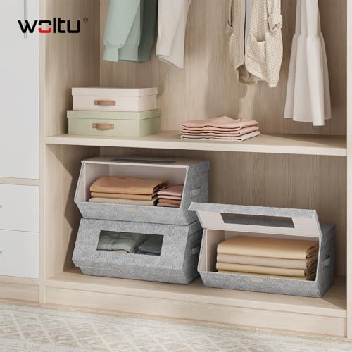 Woltu Stapelbare Opbergdozen met Deksel Grijs en Beige 50x25x35 cm Set van 3