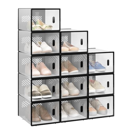 Woltu Set van 12 Transparante Schoenopbergdozen Stapelbaar met Voorzijde - 35 x 25 x 19 cm