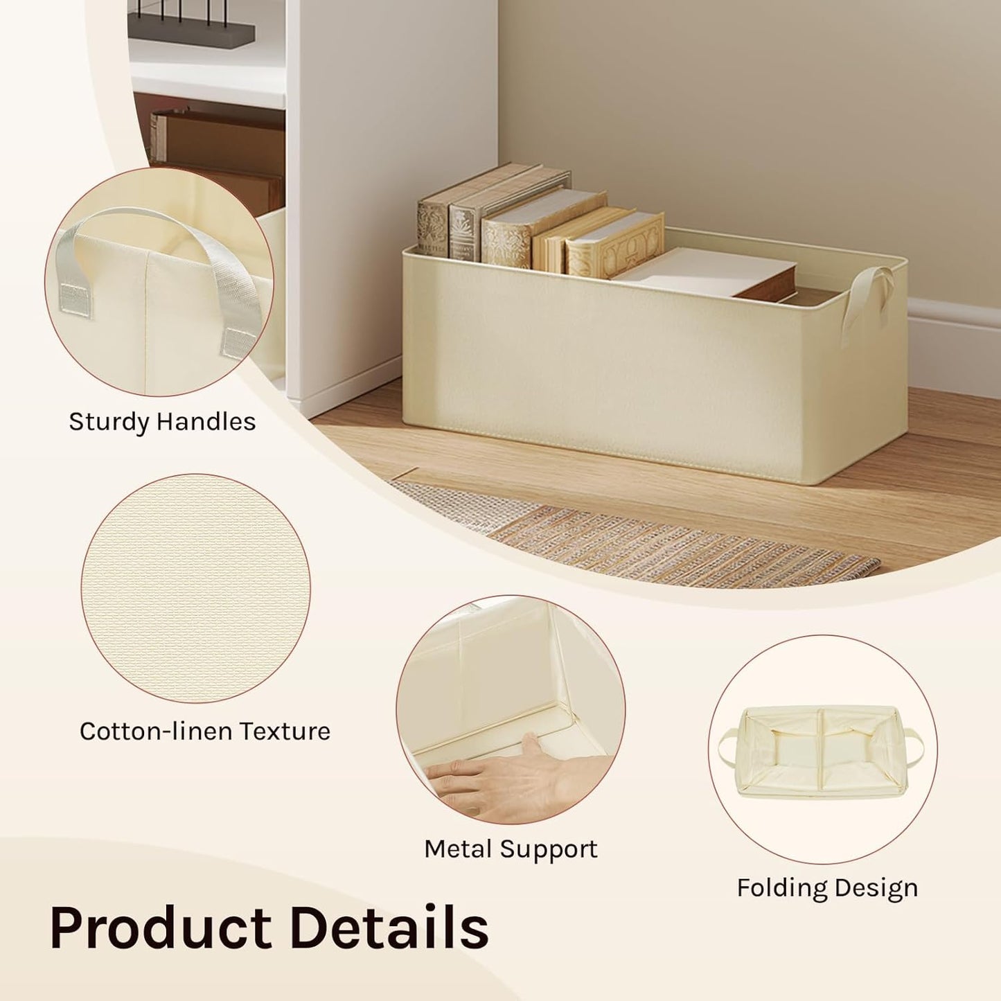 Woltu Set van 3 Opvouwbare Opbergboxen met Handgrepen - Crème - 47 x 28 x 20 cm