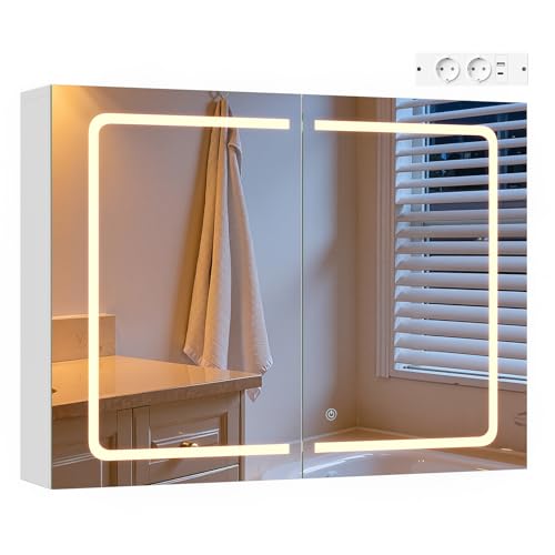 Eugad Badkamerkast met LED Spiegel en Touch Licht - Wit - 80 x 14,5 x 60 cm