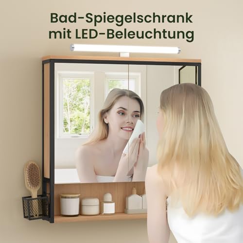 Eugad Badkamerkast met Spiegel en Verlichting Zwart Licht Eiken 70x70x14,5 cm