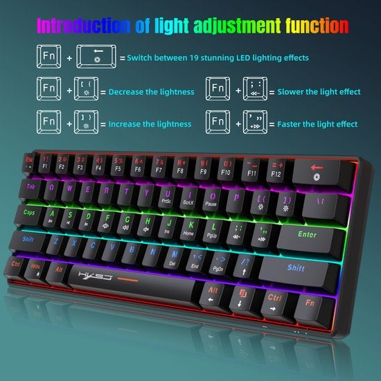 HXSJ V900 Bedrade Mechanisch Gaming Toetsenbord - RGB Verlichting - QWERTY - 61 Keys - Blue Switch - Zwart