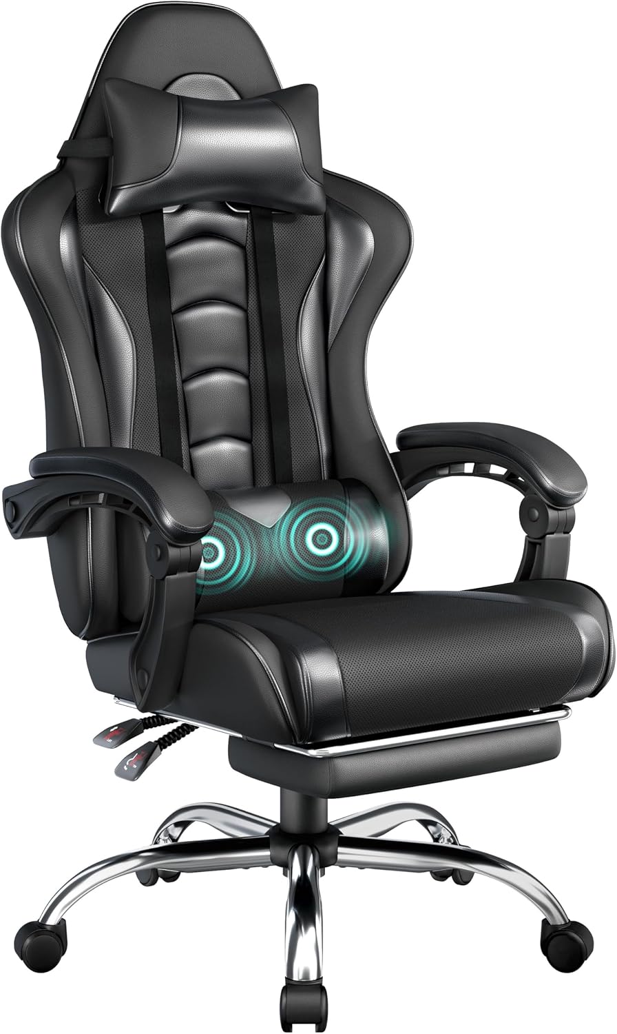Yaheetech gamingstoel met massage en voetensteun - zwart
