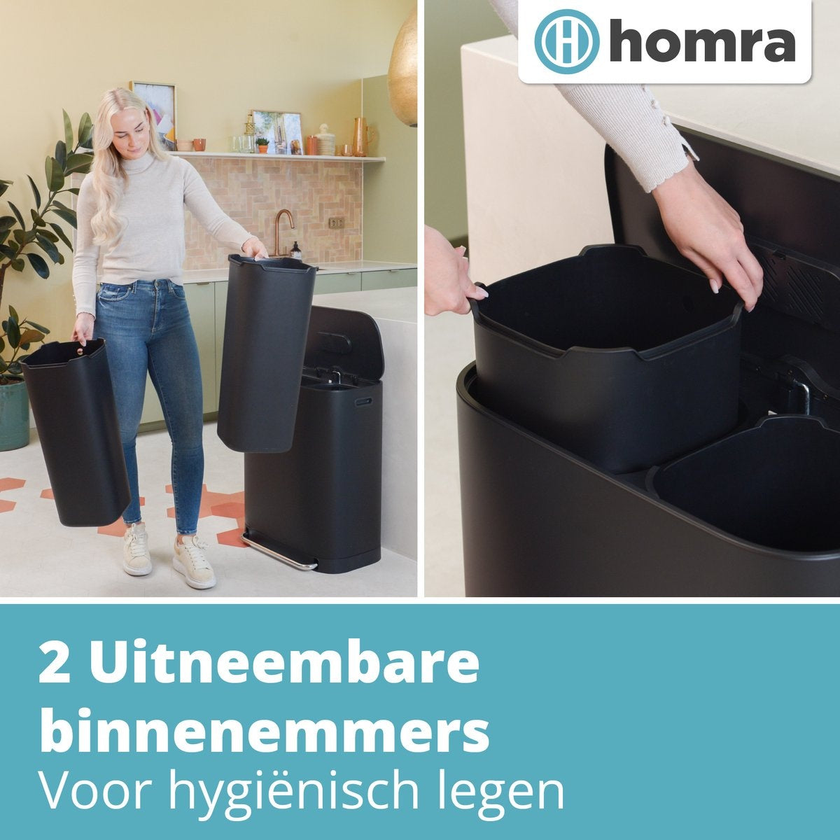 Homra Prullenbak – 2 Vakken & Geurfilter – 60L (2x30L) – 58 x 37 x 68,5 cm – Mat Zwart