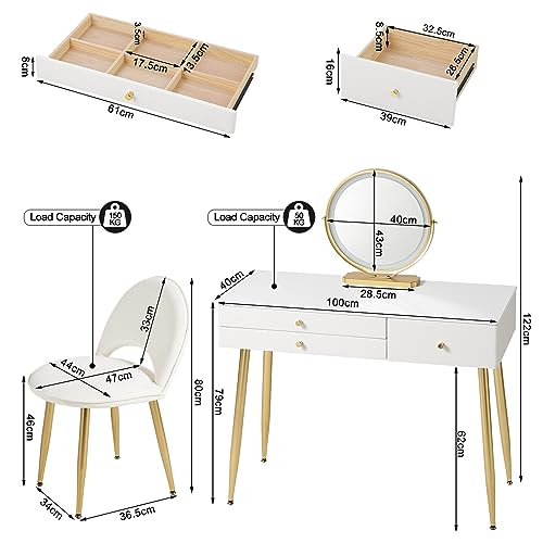 Woltu Make-up Tafel MB6105ws met Kruk en LED Spiegel - Houten Make-up Bureau met Verstelbare Verlichting, 3 Lades, Fluwelen Stoel met Rugleuning - Wit, Crème en Goud - 100x40 cm