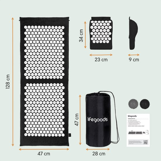 LifeGoods Acupressuur Mat XL - met Kussen - Shakti mat - Spijkermat Incl. 2x Triggerpoint Bal - 128x48x2cm - Zwart/Wit