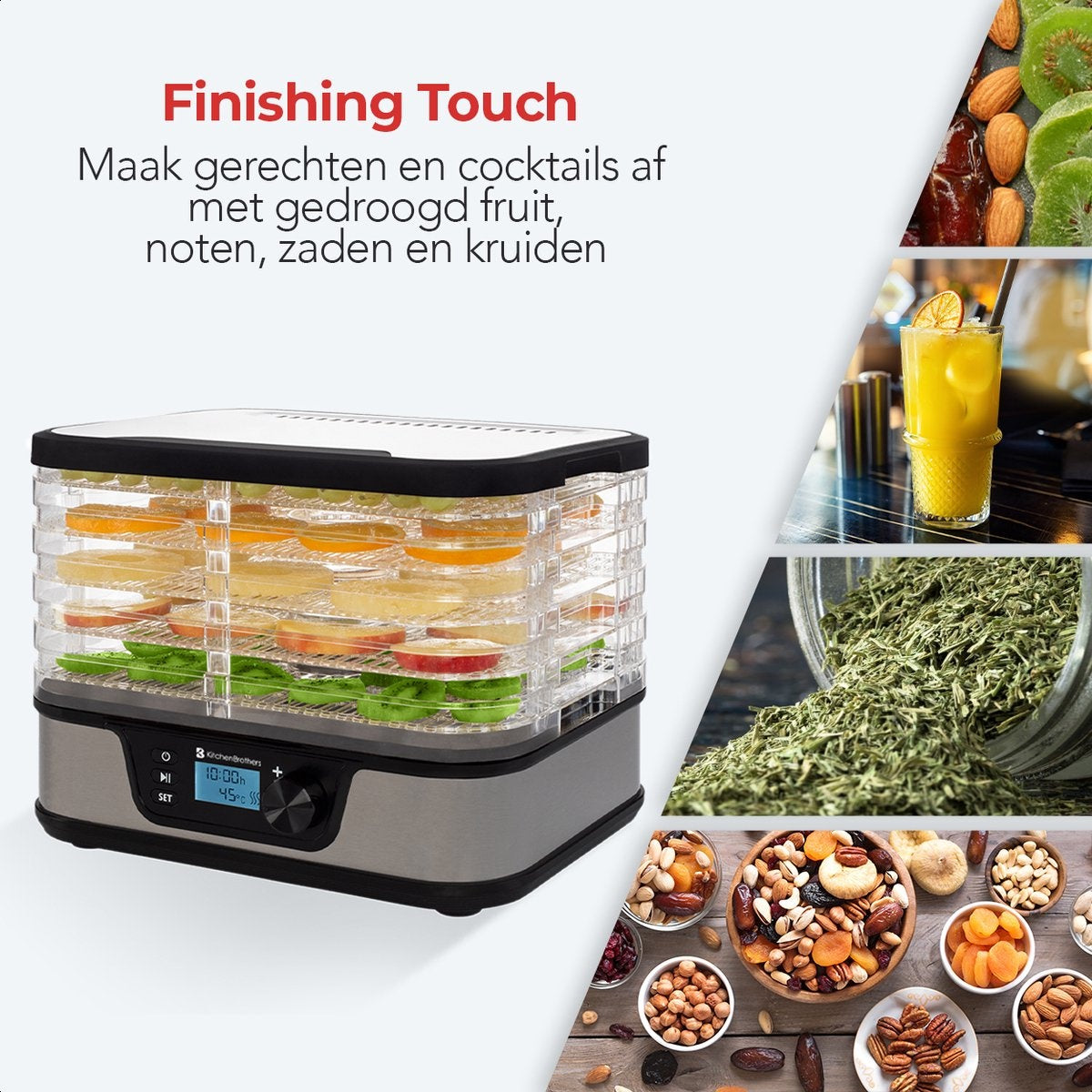KitchenBrothers Voedseldroger - Elektrisch 380W - 5 Laags - 9 Hitte-niveaus - 35°C tot 75°C - LCD Display - Timer - RVS/Zwart