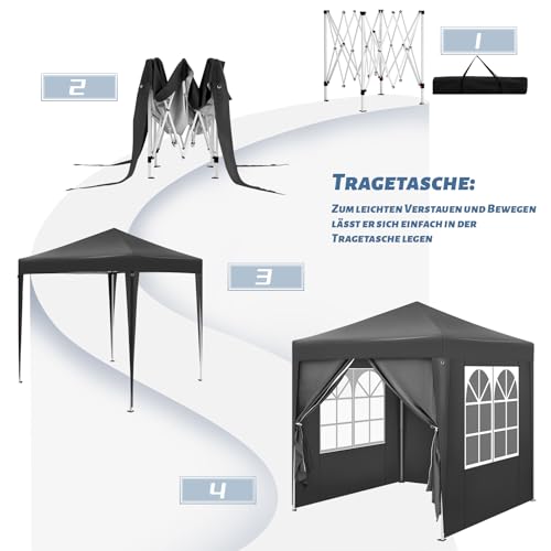 Woltu Vouwpaviljoen 2 x 2 m met 6 Zijwanden - Waterafstotend, UV-bescherming 50+, Verstelbare Hoogte, Antraciet