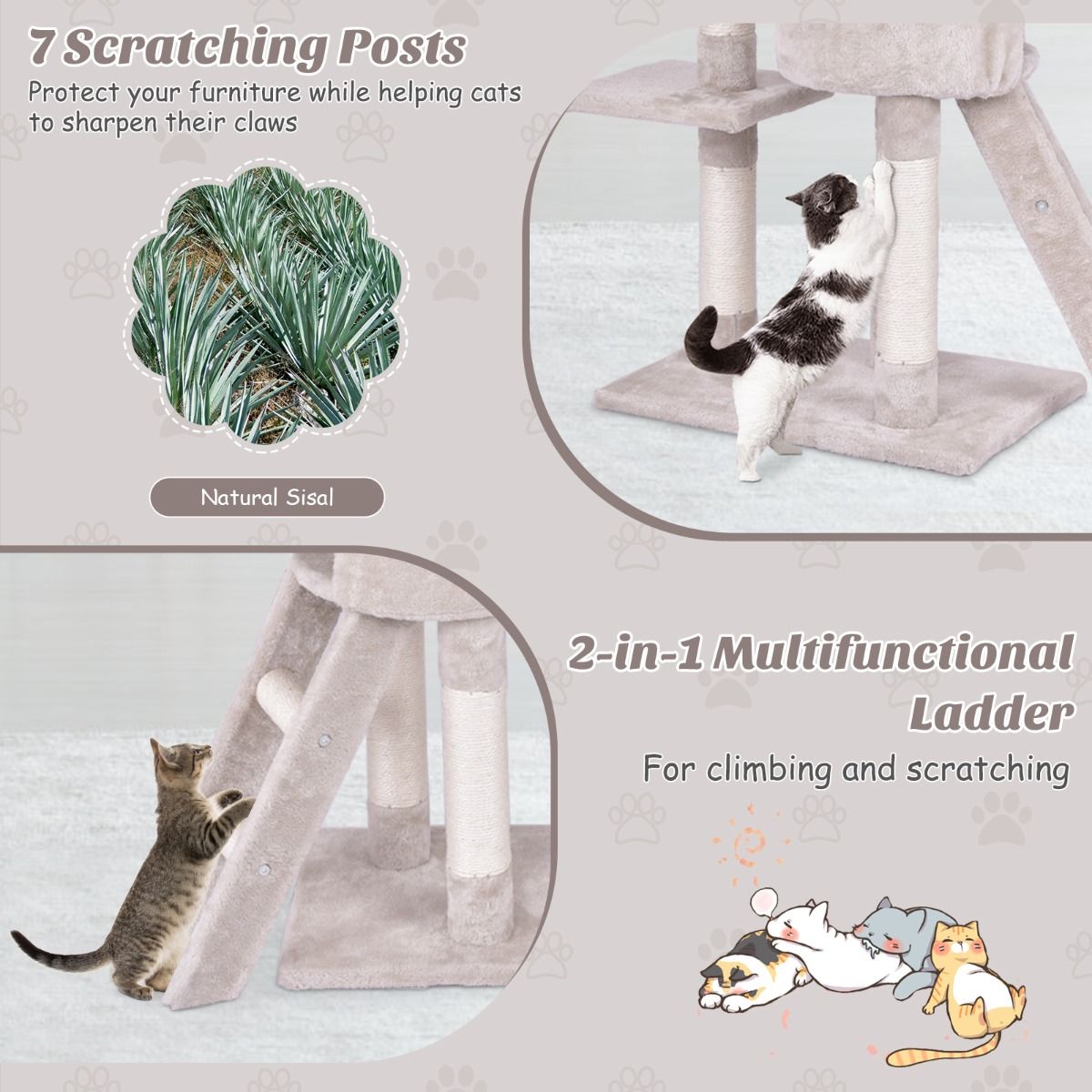 Coast Krabpaal voor katten - 6 verdiepingen - sisalpalen en pluche bekleding - beige - 93 x 36 x 140 cm