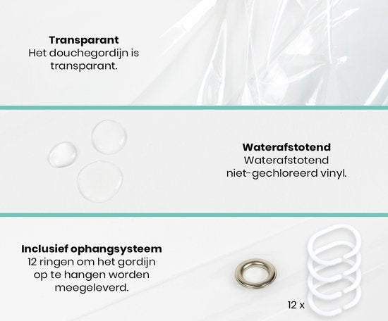 Loti Living Douchegordijn Anti Schimmel – Transparant - Inclusief ringen – Waterdicht - PEVA - Douchegordijn 180x200 cm
