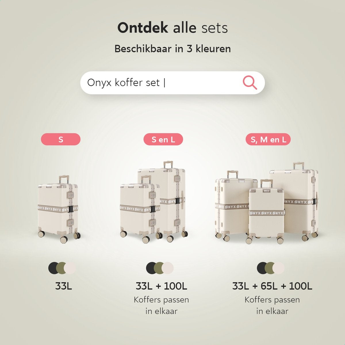 ONYX 3-delige Kofferset - Handbagage en Check-in koffer - 33L/65L/100 L - TSA slot - Spinner wielen - Lichtgewicht Trolley - Aluminium sluiting - Beige