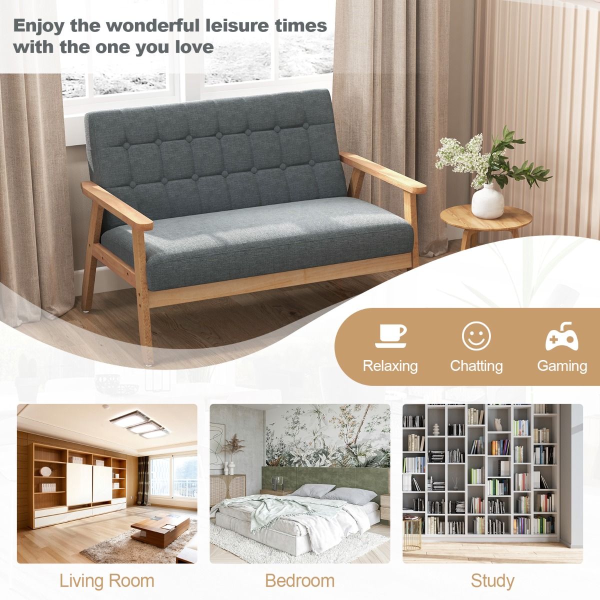 Coast Linnen Loveseat 2-Zits - Grijs - 114x72x77 cm - Rubberhouten Frame - Mid-Eeuws Design