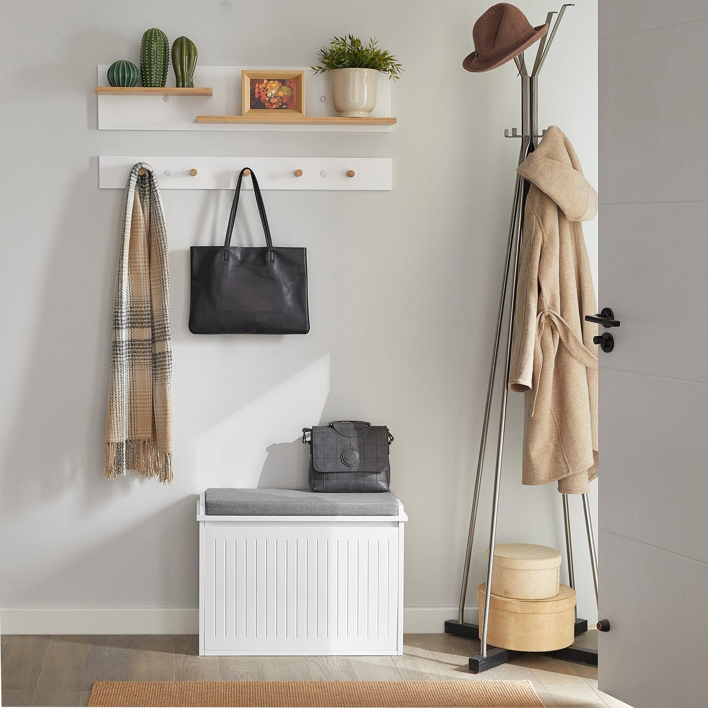 SoBuy Schoenenbank met 1 lade - Max. 150 kg - 60 x 26 x 46 cm - Wit/ Grijs