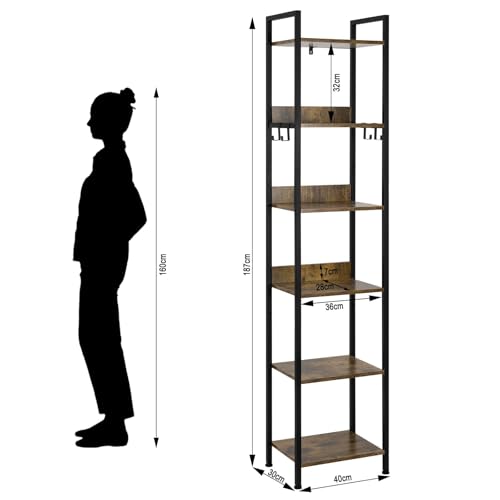 Woltu Industriële Boekenkast 6 Planken met 4 Verwijderbare Haken - Zwart Metaal en Donker Eiken - 40 x 30 x 187 cm