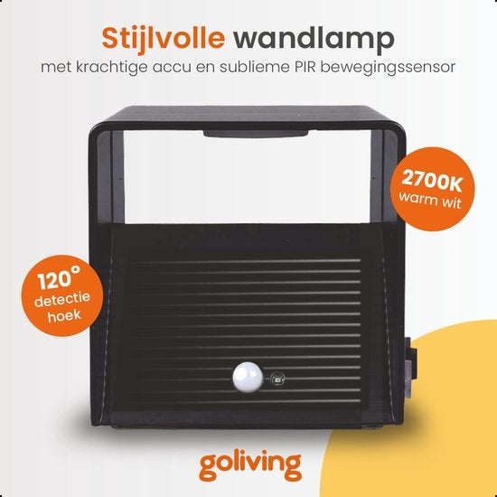 Goliving Wandlamp Oplaadbaar – Wandlamp Binnen – Draadloos – Met Bewegingssensor – USB–C – 4400 mAh – Warm Wit Licht – 10 x 10 x 10 cm – Zwart