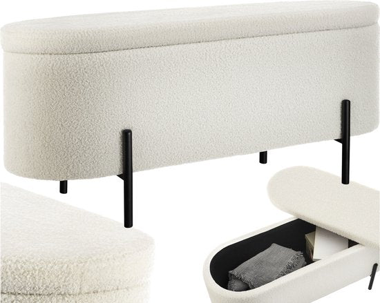 tectake® Zitbank met opbergruimte - Gestoffeerde opbergbox - Zitkist met opbergruimte, gestoffeerd - Bouclé-stof in Scandi-stijl - 97x36x42cm - cremewit