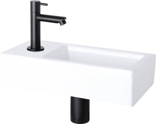 Differnz Helios Fonteinset - Kraan Links - Wasbak Keramiek Wit - Rechte Kraan - Mat Zwart - Standaard Greep - 37.5 x 18.5 x 9.5 cm