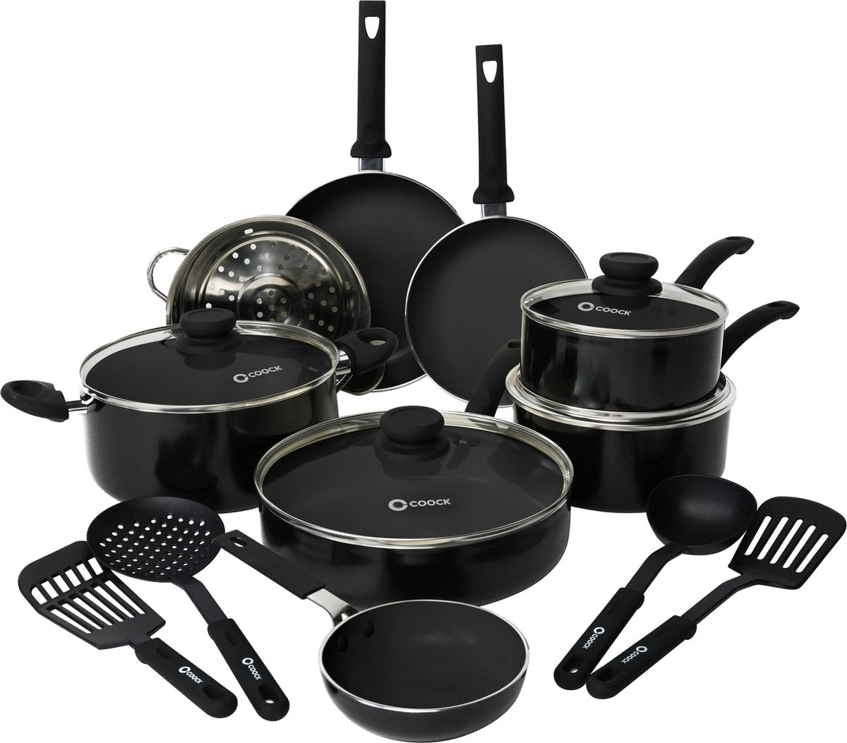 COOCK 19-Delige Pannenset Inductie - Zwart - Inclusief Onderzetters en E-book