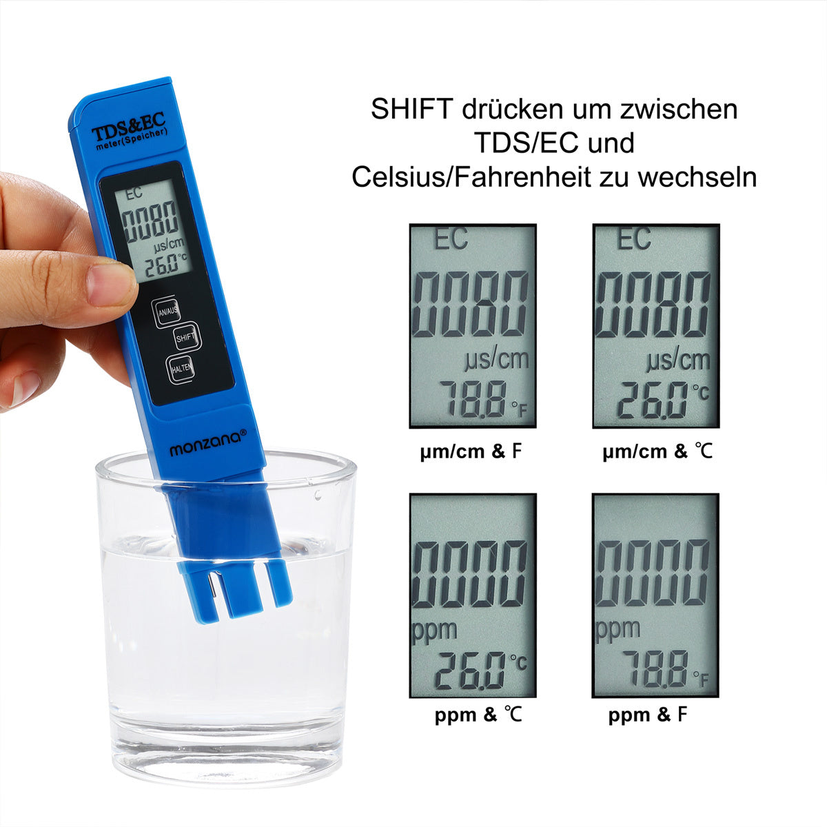 Monzana Digitale watertester met LCD-display 3in1 - TDS- EC- en temperatuurmeetapparaat