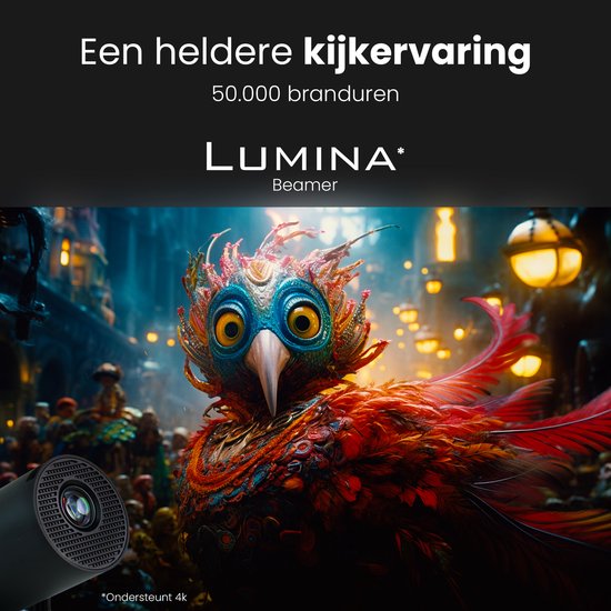 Lumina® Pro Mini Beamer 2026 – Android 14 Smart Projector met Google Playstore – Thuisbioscoop – Voor iOS & Android – WiFi 6 & Bluetooth 5.4 – Zwart