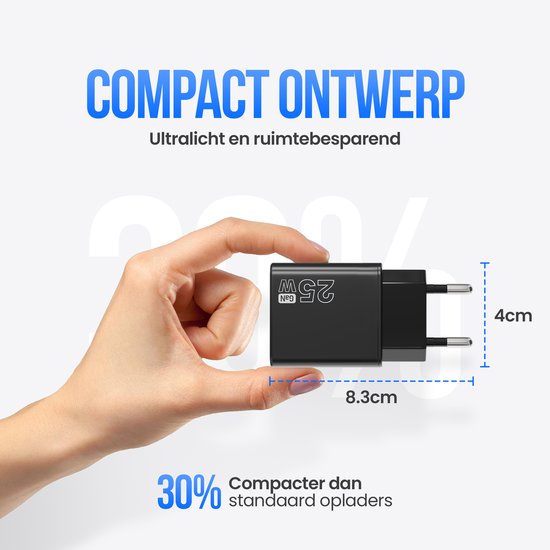 Strex USB-C & USB-A Snellader 25W - GaN Oplader met PD 3.0 & QC 3.0 - Inclusief USB-C Kabel - Zwart