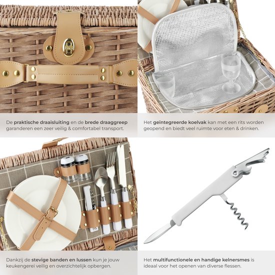 tectake® complete Picknickmand Set Ameland - Luxe 13-delige Picknick set voor 2 personen - Picknick Mand van Riet - Inclusief Koelvak, Set met Borden, Kunststof Wijnglazen en Roestvrijstalen Bestek