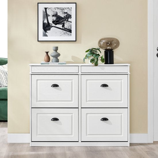 SoBuy FSR79-WG Schoenenkast met 4 kleppen, schoenenkast, entree, schoenenkast, schoenenrek, 16 paar, voor hal, entree, 103 x 23 x 82 cm, antiek houteffect, wit