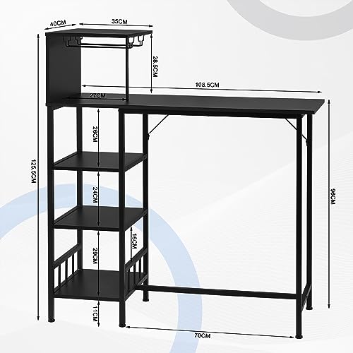 Woltu Bartafel met 4 Planken en 2 Bekerhouders - Zwart - 125,5 cm Hoogte, 108,5 x 40 cm Tafelblad